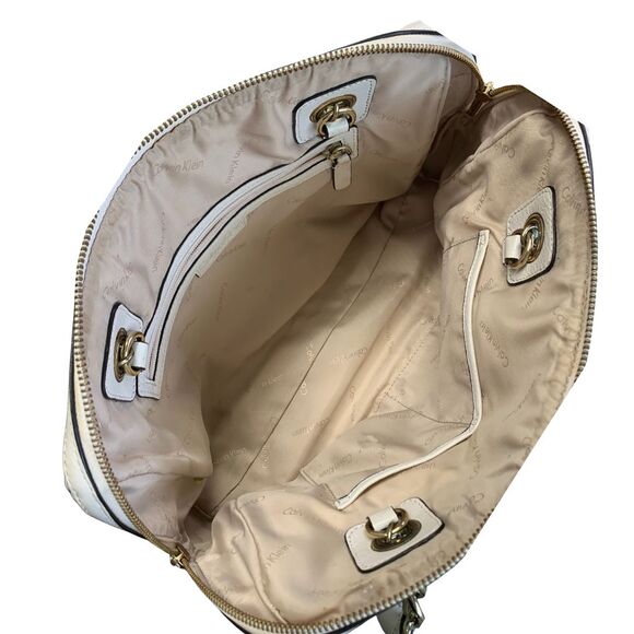 Calvin Klein Quilted Cream Leather Satchel with Tassel and Gold Chain Handles - Picture 8 of 14